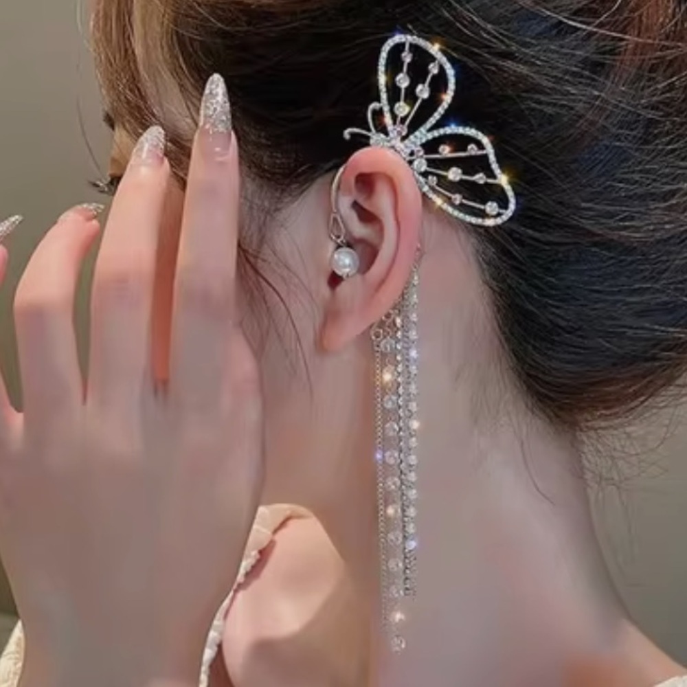 Fairyloot earmuff earring butterfly wing chains silver beads pink rhinestones